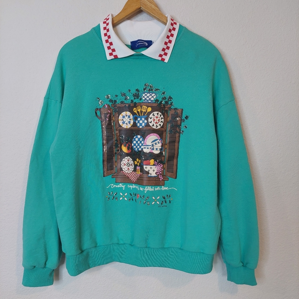 Vintage Grandma Collared Country Cupboard Sweatshirt Size‎ Medium